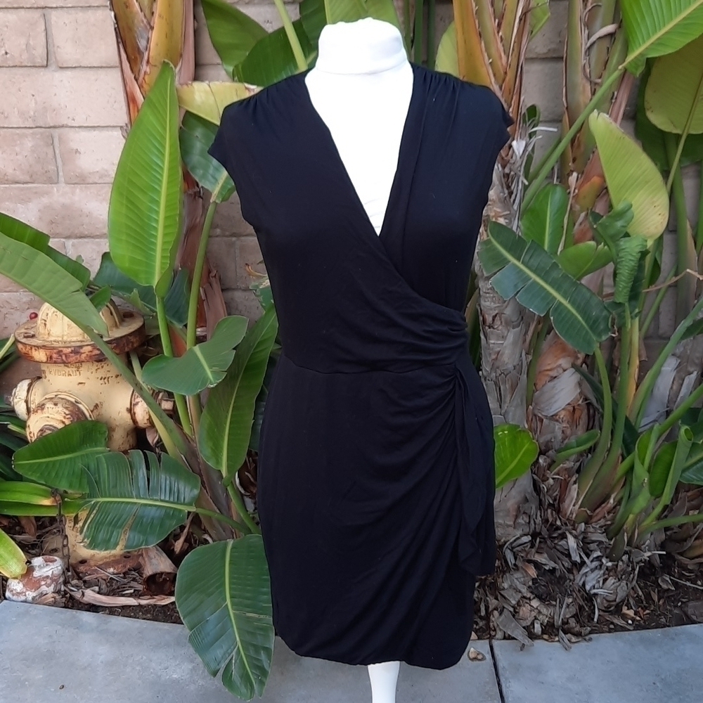 Bordeaux medium black vneck bodycon faux wrap dress